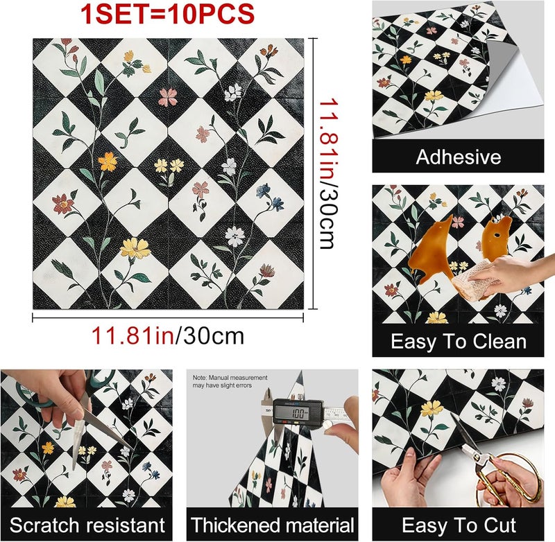 HOMETITUTE 10PCS 12x12 Inch Floral Checkerboard Peel and Stick Floor Tiles Removable Self Adhesive Vinyl Flooring Stickers for Kitchen Entryway Studio Home Decor - Image 3